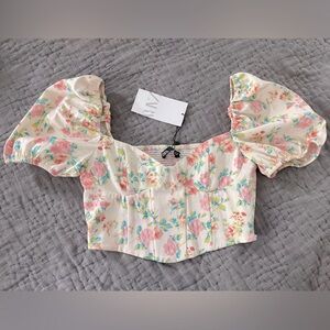 NWT Zara Pink Green Floral Puff Sleeve Crop Top Blouse Sweetheart Neck Medium
